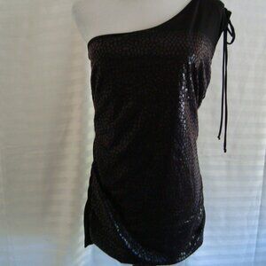 Nouvida One Shoulder Printed Top Ruched Sides Tie Top Black sz L